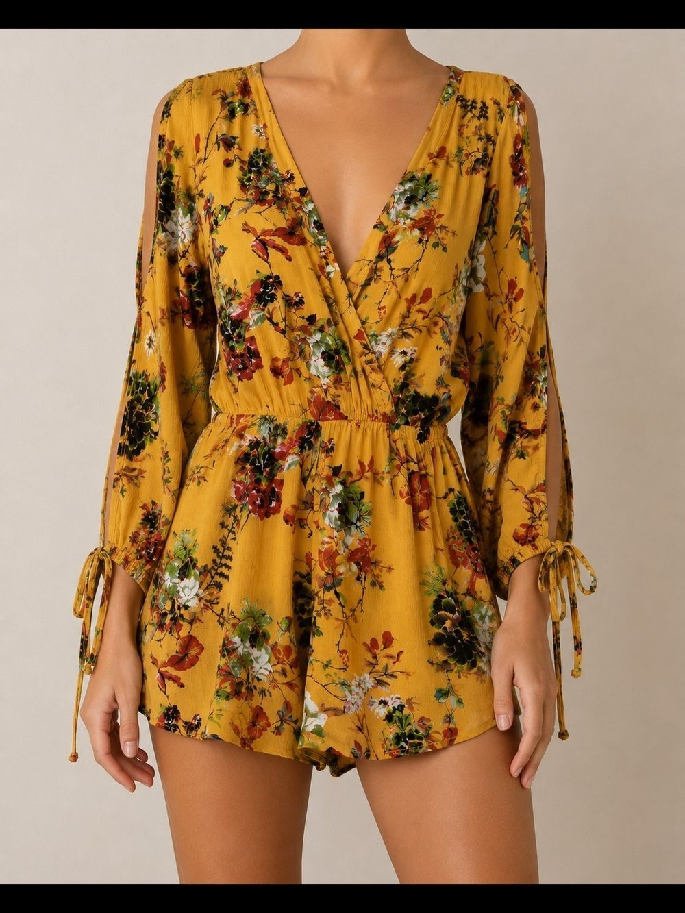 Umgee Floral Print Romper Mustard Yellow Long Sleeve Sz S